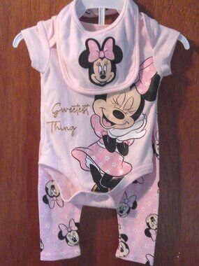 Disney Minnie Mouse Baby Girls 3-Piece Pink Bodysuit Leggings Bib Outfit Set